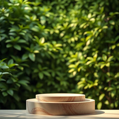 An elegant product display background featuring lush green foliage in a softly blurred setting. The foreground includes a natural and aesthetic pedestal