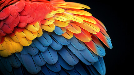 Fototapeta premium Close-up of vibrant parrot feathers showcasing intricate details and patterns, illuminated by natural light, with a blurred background and empty space for captions or design elements
