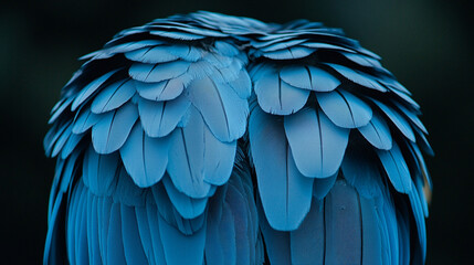 Fototapeta premium Close-up of vibrant parrot feathers showcasing intricate details and patterns, illuminated by natural light, with a blurred background and empty space for captions or design elements