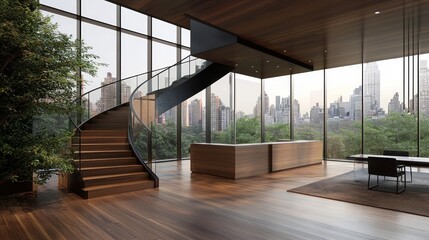 Modern spiral staircase in contemporary split-level workspace design
