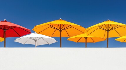 Colorful umbrellas on beach, clear sky, summer vacation