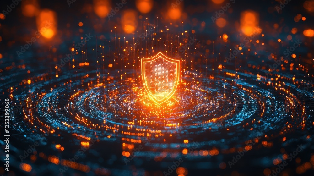 Poster futuristic cybersecurity shield for data protection in digital environments