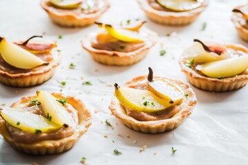 Mini tartlets with creamy duck pate and pickled pear slices arranged on a plate