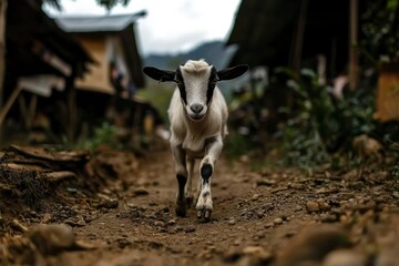 Fototapeta premium Goat walks on dirt road through a village for animal husbandry and agriculture