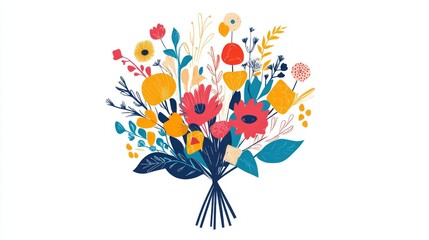 Colorful floral bouquet illustration, spring design, white background, greeting card (1)