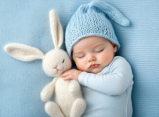 A newborn baby boy is sleeping, wearing a blue hat and holding a cute plush toy bunny in his arms. 