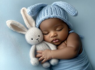 A newborn baby boy is sleeping, wearing a blue hat and holding a cute plush toy bunny in his arms. 