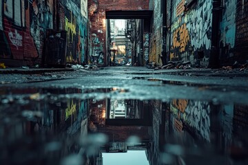 Obraz premium Graffiti alley puddle reflection urban decay
