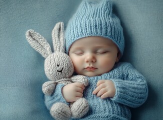 A newborn baby boy is sleeping, wearing a blue hat and holding a cute plush toy bunny in his arms. 