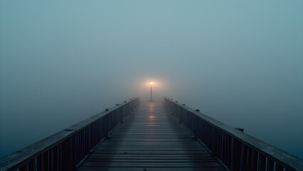 Fototapeta premium A foggy pier with a single streetlamp glowing
