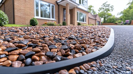 Elegant Stone Edging: A close-up shot of a contemporary home's driveway featuring a sleek black edging that gracefully frames a bed of natural brown and grey gravel.