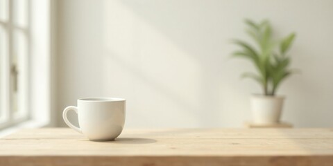 Obraz premium A serene morning scene featuring a simple white mug on a light wood surface, bathed in soft sunlight, next to a blurred potted plant, conveying a sense of calm and tranquility.