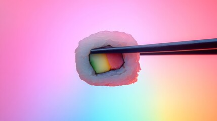 Colorful sushi roll held by chopsticks against a vibrant gradient background