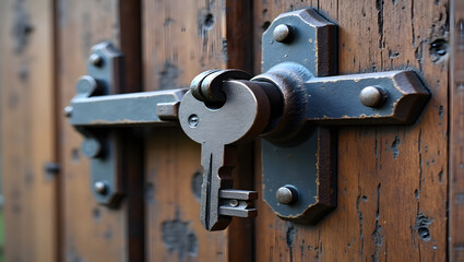 An old wooden door with an iron key in its lock