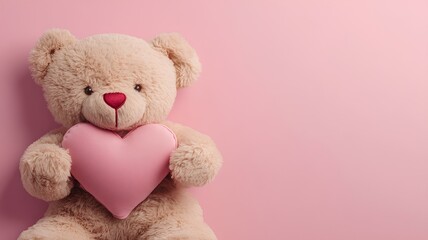 teddy bear with heart on pink background  with copy space