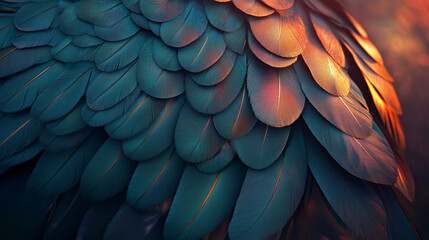 Fototapeta premium Close-up of vibrant parrot feathers showcasing intricate details and patterns, illuminated by natural light, with a blurred background and empty space for captions or design elements
