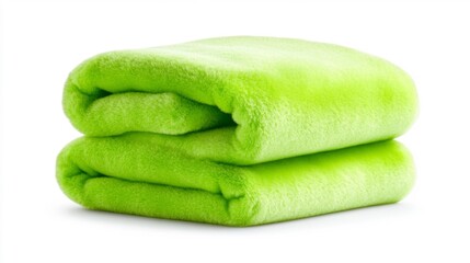 Bright lime green soft plush blanket stacked neatly on white background. Generative AI