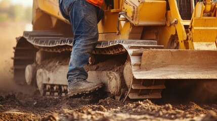 A close-up of a construction worker operating a bulldozer to level ground for a new industrial park, Industrial park construction scene, Earth-moving expertise style