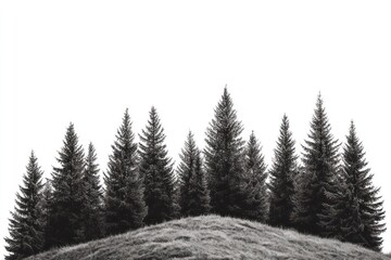 Fototapeta premium Hilltop evergreen forest silhouette, white background, nature scene, design element
