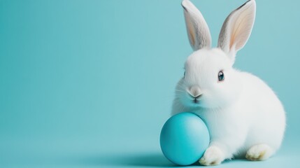 Obraz premium Easter bunny with blue egg, pastel background