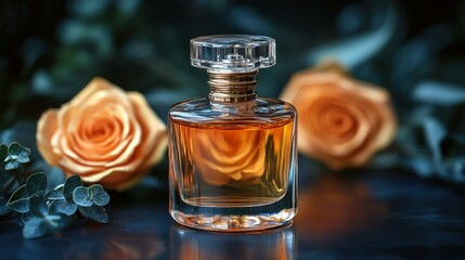 Luxury Perfume Bottle with Roses, Elegant Fragrance, Amber Liquid, Floral Scents, Sensual Aroma, Beauty Product, Dark Background, Still Life Photography,