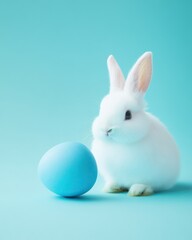 Fototapeta premium Easter bunny, blue egg, pastel background, holiday card