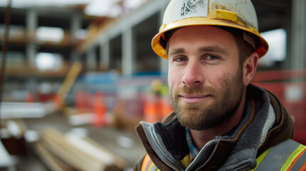 Fototapeta premium Smiling construction worker in hard hat at a construction site.