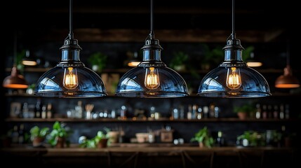 Obraz premium Three blue glass pendant lights above bar