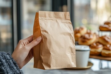 Takeaway paper bag mockup held by a person's hand with a blurred background