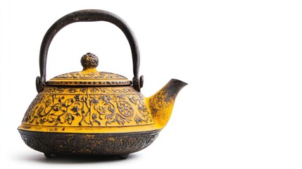 Yellow cast iron teapot, floral design, white background, tea ceremony