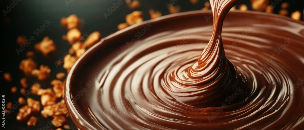 Poster close-up of smooth melted chocolate being poured into a bowl creating a swirl pattern