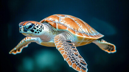 A close-up of a sea turtle swimming gracefully in the ocean, with sunlight filtering through the water, creating a serene and peaceful underwater scene.


