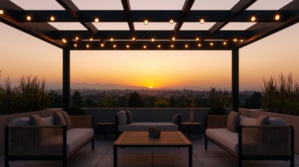 Fototapeta premium A cozy outdoor patio with comfortable seating and string lights, set against a stunning sunset backdrop.