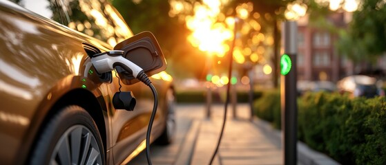 Close-up view of an electric vehicle charging with charging station and cable connection