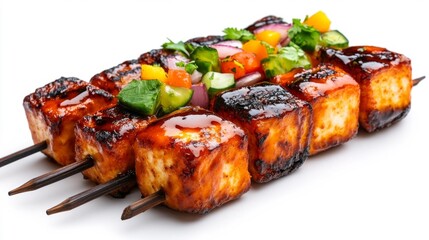 Grilled Paneer Skewers with Colorful Vegetables on White Background. Generative AI