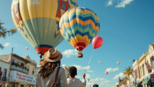 Watching Hot Air Balloons with a Red Balloon at Festival
