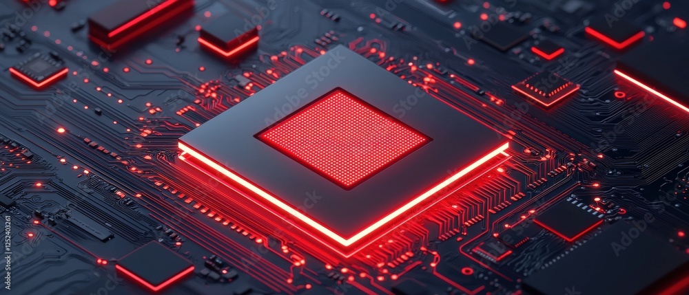 Aufkleber high-tech circuit board with glowing red traces and advanced electronic components in a contemporary