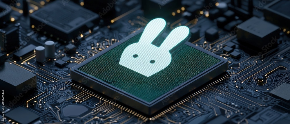 Aufkleber high-tech circuit board with glowing bunny icon in close-up view for futuristic and digital imagery