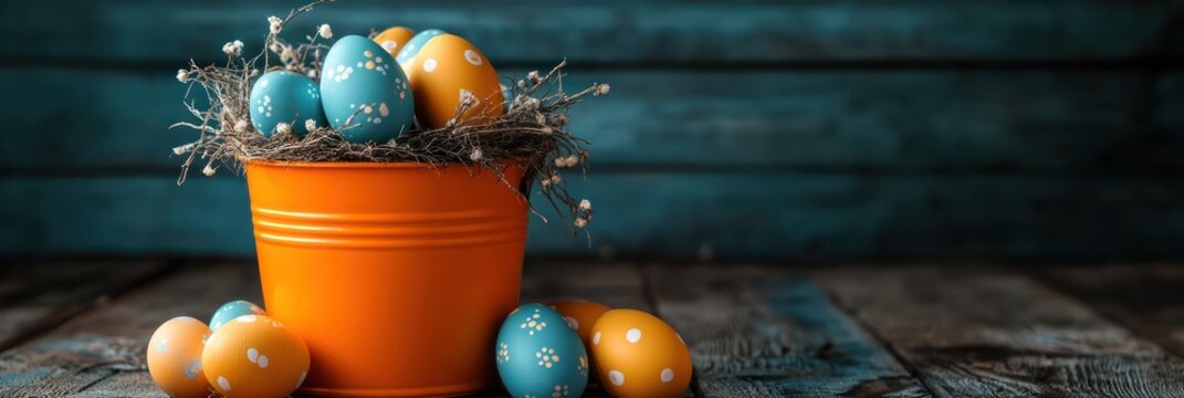Easter eggs in orange bucket, rustic wood