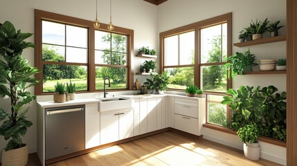 Coastal kitchen interior featuring a sink and window with beach-inspired decor and natural light