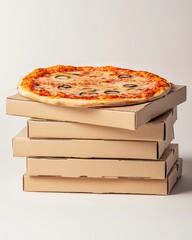A stack of modern pizza boxes, slightly misaligned, with a sleek printed design on the lid, set against a neutral gradient background