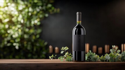 Obraz premium Elegant Red Wine Bottle on Wooden Table with Greenery