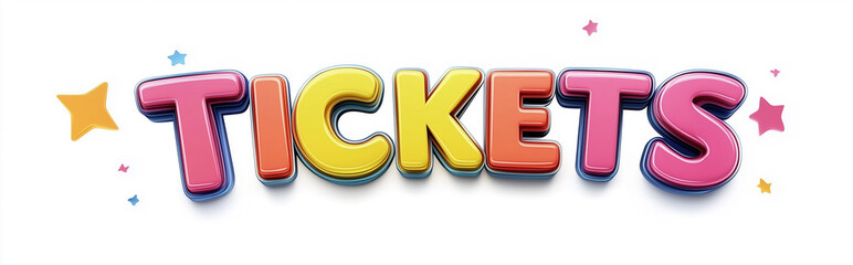 A playful and colorful Tickets graphic, ideal for event promotions, featuring bold lettering and cheerful design elements white background