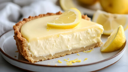 Delicious slice of creamy lemon tart with a buttery crust, garnished with fresh lemon wedges. Perfect for springtime dessert or bakery menu.