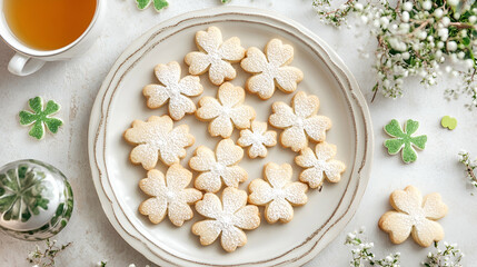 Delicious clover-shaped sugar cookies dusted with powdered sugar, served with a cup of tea, perfect for St. Patrick's Day or spring celebrations.