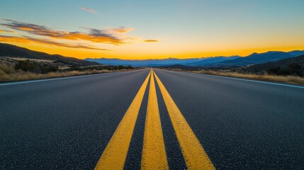 Fototapeta premium Desert highway sunset, mountains background, travel journey