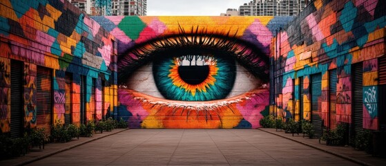 Naklejka premium Colorful mural featuring a large eye in a vibrant alley with detailed graffiti art
