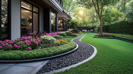 Lush garden path with vibrant flowers and green hedges, inviting outdoor space with modern architecture in the background. the combined use of stones of different shapes and sizes in the garden 