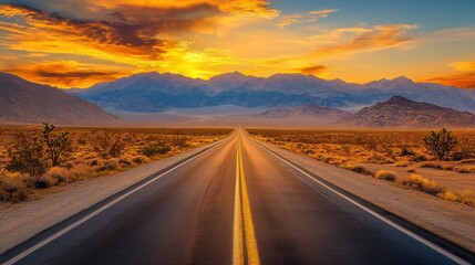 Desert highway sunset, mountain backdrop, travel freedom