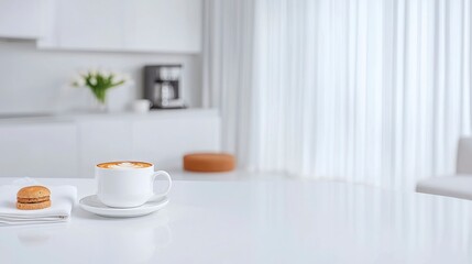 Freshly Brewed Coffee and Macaron on Minimalist Kitchen Table